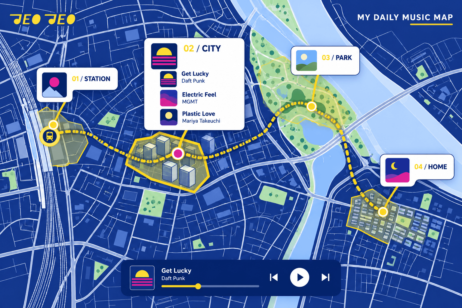 City area with Get Lucky, Electric Feel and Plastic Love on the music map