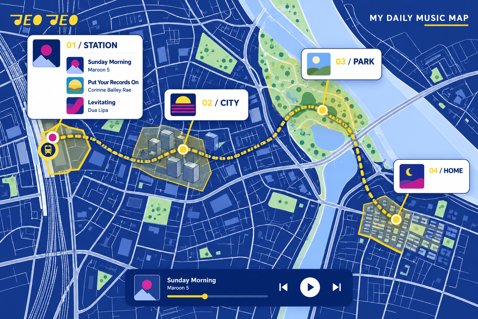 Station area with three upbeat tracks on a route to the city, park and home