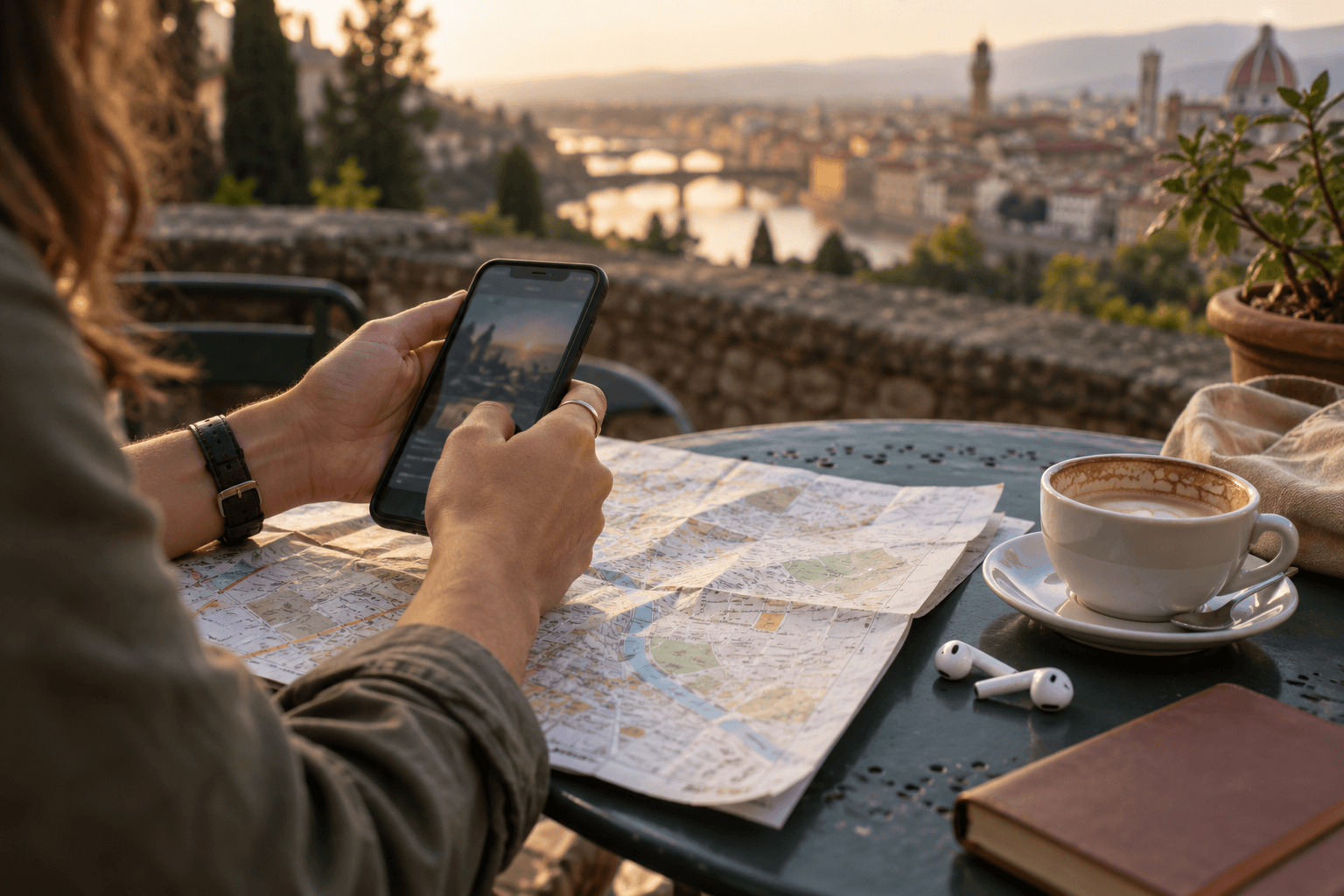 Planning a route with a phone and map at an outdoor cafe