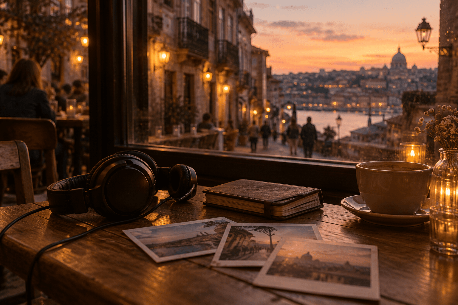 Headphones, a travel journal and photos beside a dusk window