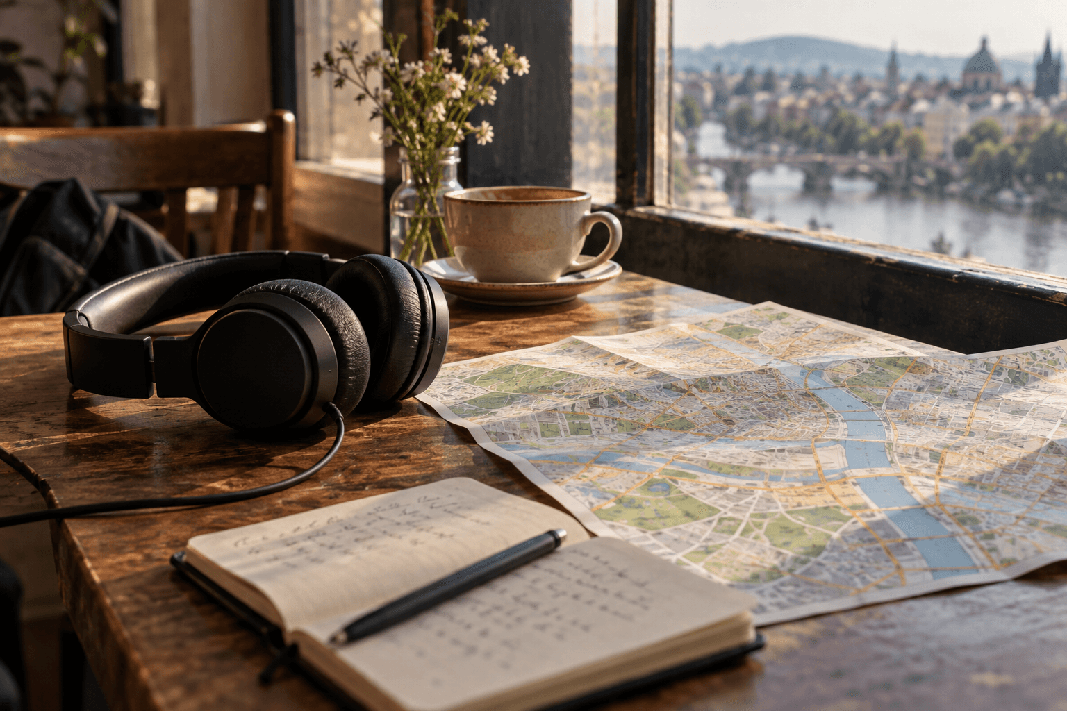 Headphones, a paper map and a notebook on a cafe table