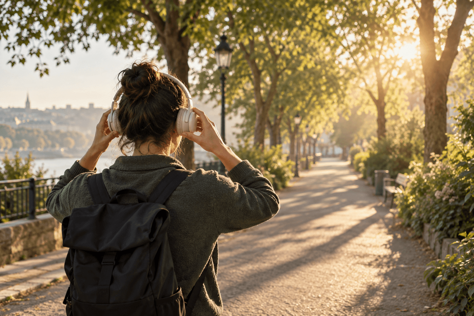 Putting on headphones at the start of a sunlit path