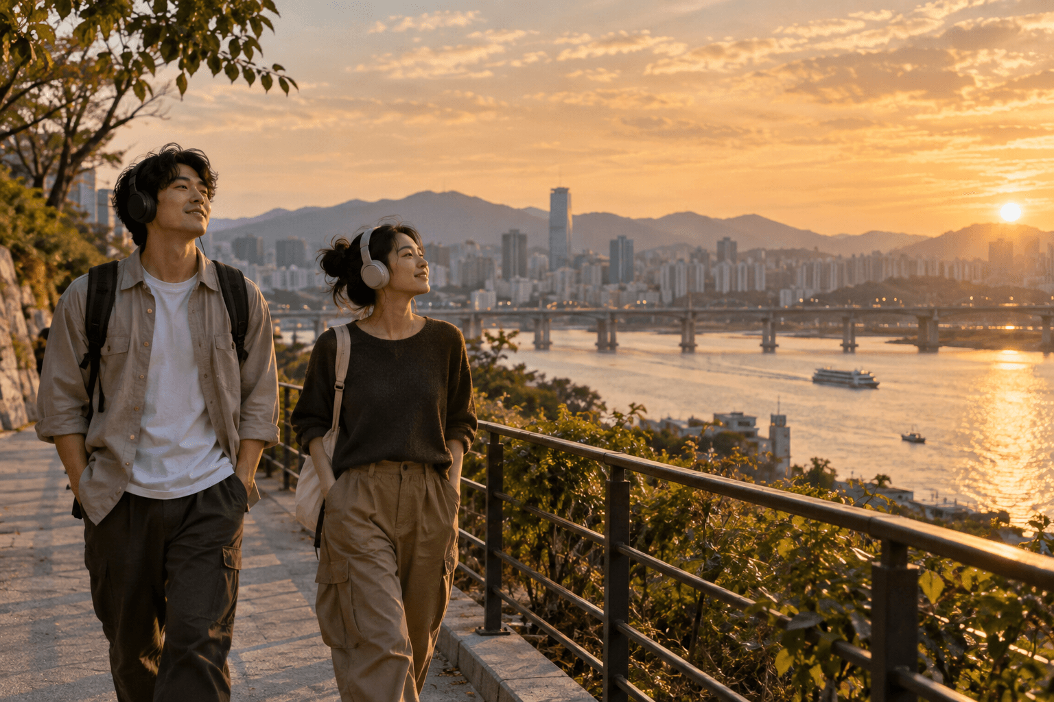 Two friends wearing headphones on a riverside walk